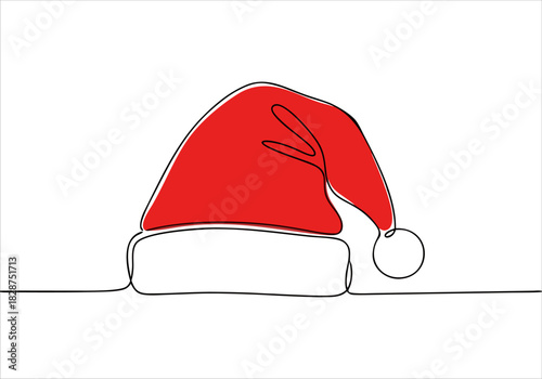 Continuous line art drawing of a festive red Santa hat, perfect for holiday greetings and seasonal designs