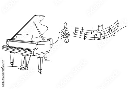 Elegant continuous line art drawing of a grand piano with flowing musical notes, perfect for music themes