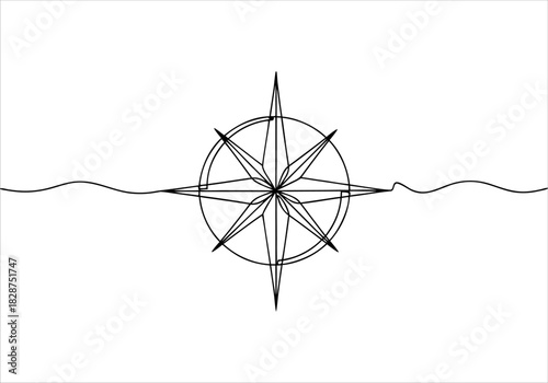 Continuous line art drawing of a stylish compass rose with elegant flowing waves, a minimalist navigation concept