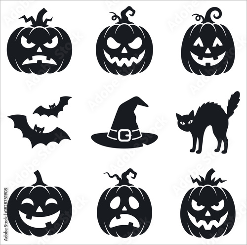 Collection of spooky Halloween vector silhouettes featuring carved jack-o'-lanterns, black cat, bats, and witch hat icons set.