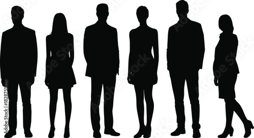 Human silhouette vector illustration, diverse standing people, fashion posture template, black outline figures, casual and formal clothing, stock design