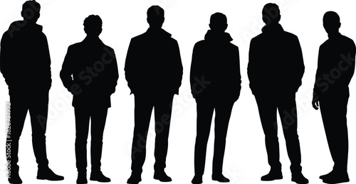 Male silhouette vector illustration, diverse standing people, fashion posture template, black outline figures, casual and formal clothing, stock design