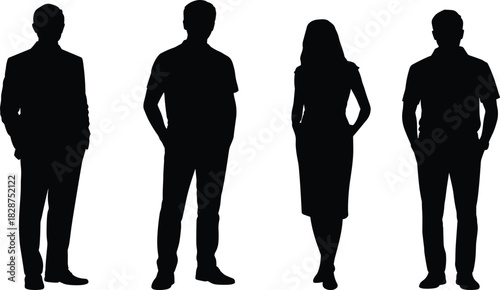 Mixed attire silhouette illustration, diverse standing people, fashion posture template, black outline figures, casual and formal clothing