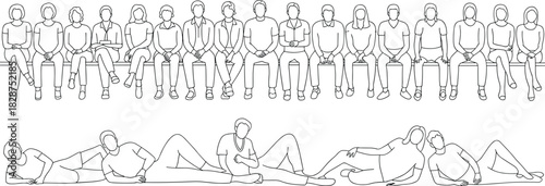 Outlined silhouette vector illustration, seated and reclining human figures, posture template, minimalist design, black line artwork, stock graphic