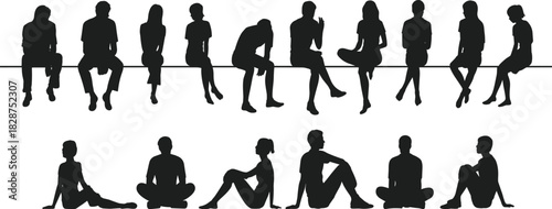 Seated silhouette vector illustration, diverse human posture, black outline figures, bench and ground pose template, stock artwork