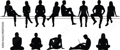 Seated silhouette vector illustration, diverse human posture, black outline figures, bench and ground pose template, stock artwork