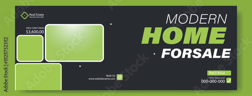 Modern home for sale real estate sign with green accents and placeholder image boxes