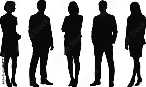 Standing business silhouette vector illustration, diverse attire design, black outline figures, team concept, minimalist style, stock artwork