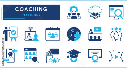 A set of flat icons related to Coaching. Council, cloud, digital, training, meeting, education, person, motivation, management, development, and so on.