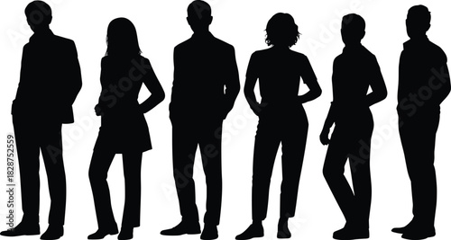 Standing silhouette vector illustration, casual and semi-formal attire, black outline figures, posture diversity, minimalist design, stock artwork
