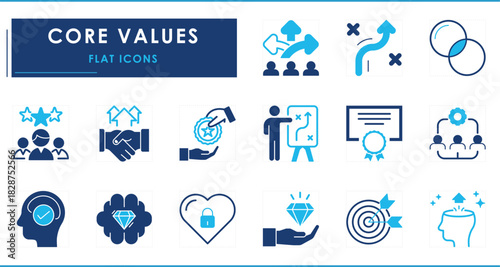 A set of flat icons related to Core Values. Path, decision, growth, teamwork, success, target, mindset, award, certificate, strategy, and so on.