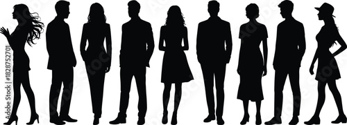 Standing silhouette vector illustration, diverse clothing styles, black outline figures, casual and formal attire, posture design, stock artwork