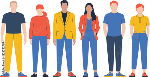 Stylized standing people illustration, diverse clothing design, colorful outfit template, fashion vector artwork, casual pose, stock graphic