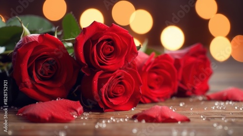 A vibrant arrangement of red roses with delicate petals, set against a soft, glowing background of warm lights, creating a romantic atmosphere.