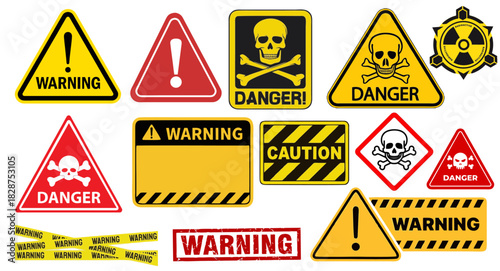 Vector collection of warning, danger, and caution signs. Features skull and crossbones for poison/toxic, exclamation mark (general hazard), and radiation symbols. Essential for safety, alert, risk, an