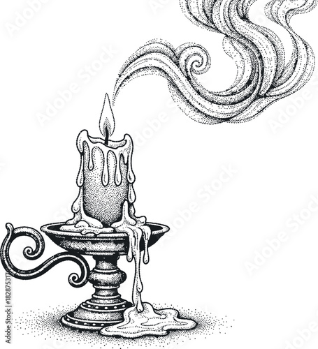 Detailed black and white illustration of a candle holder with a lit candle, smoke, and melting wax