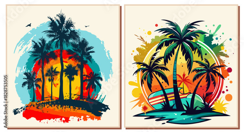 Two colorful vector illustrations with a tropical theme. Features palm trees and a sunset or surfboard, using a vibrant distressed or grunge art style. Great for t-shirt print, summer holiday, vintage