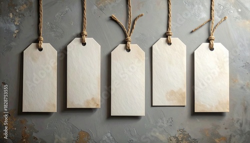 Blank tags hang in rustic stillness—ritual of potential and crafted memory, where twine loops and stained paper choreograph the emotional architecture of identity, intention, and archival pause.