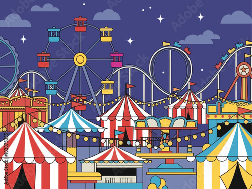 Colorful carnival fairground at night illustration