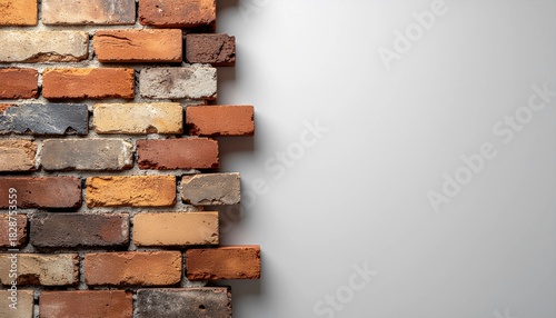 Close-up view of weathered red bricks on a rough textured wall, showcasing a durable and sustainable material ideal for construction and rustic design aesthetics with ample copy space