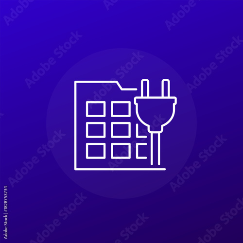 All-Electric building icon with electrical plug, line design