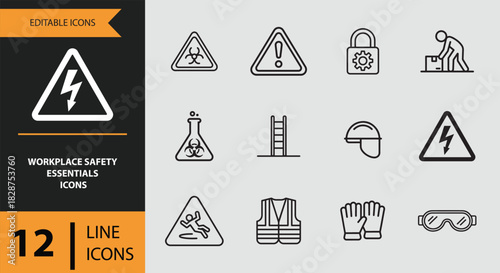 12 workplace safety essentials outline icons isolated on white background