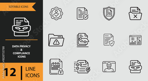 12 data privacy and compliance outline icons isolated on white background
