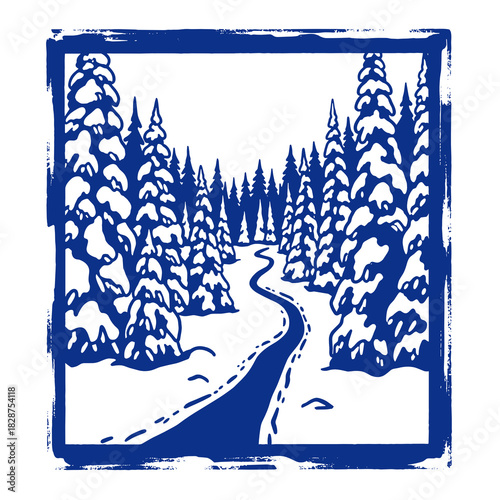 Snowy hiking trail winding through pine trees in winter landscape  