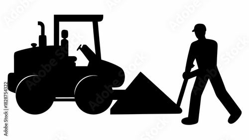 Dynamic bulldozer and worker silhouette design for construction, agriculture or industry projects, a strong symbol for development and labor workforce themes