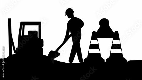 Construction worker shoveling near tractor and safety cones, a modern silhouette perfect for construction, safety or skilled labor focused designs