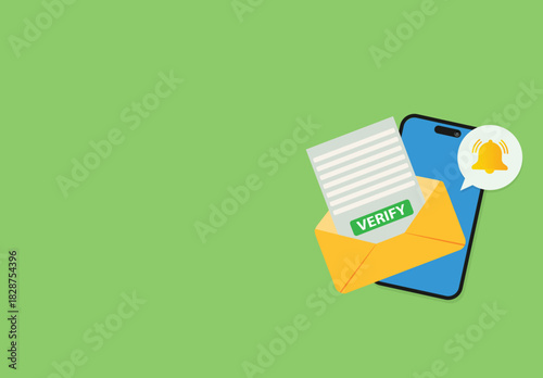 Mobile phone with a bell notification and verify mail. .Reminder on smartphone screen New message notification

