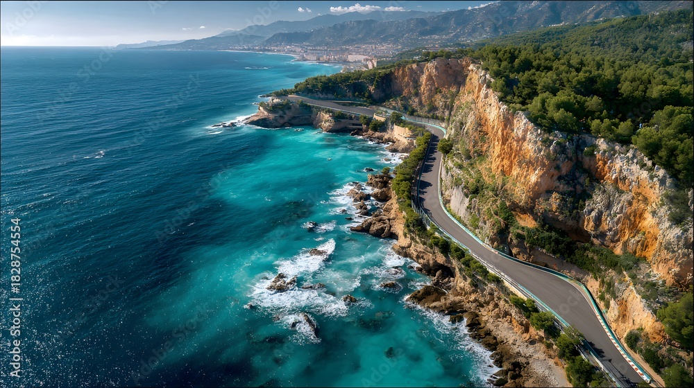 Fototapeta premium Winding coastal race track runs along stunning turquoise ocean under a clear blue sky.