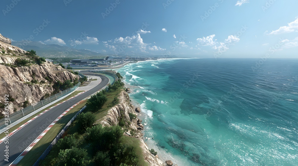Fototapeta premium Winding coastal race track runs along stunning turquoise ocean under a clear blue sky.