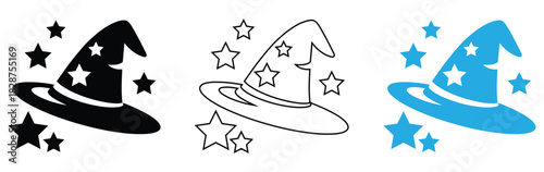 Magical wizard hat with stars for Halloween fun and celebrations,wizard hat icon logo vector design illustration with stars and blink, witch classic Halloween hat,glyph icon flat vector