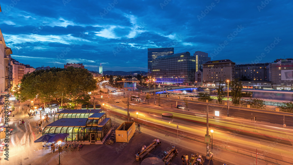 Obraz premium The Schwedenplatz is a square in central Vienna, located at the Danube Canal aerial day to night timelapse