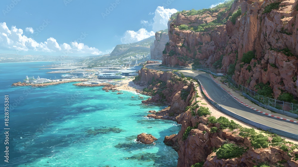 Obraz premium Winding coastal race track runs along stunning turquoise ocean under a clear blue sky.