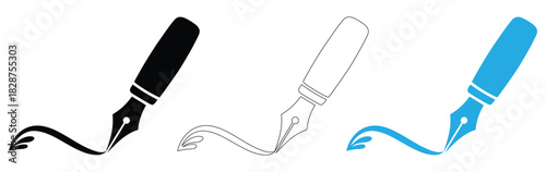 Elegant fountain pens writing flowing lines for creative designs,Pen icon, vector set. Feather pen silhouette, symbol design. Pen line icon, education icon. Vector illustration.	