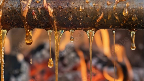 Extreme close-up of golden fat dripping from a wooden stick over a campfire. Macro shot of hot liquid melting and falling with a blurred fire background. Outdoor cooking and roasting concept