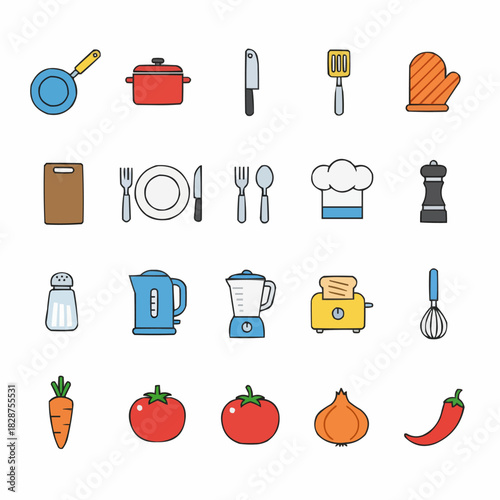 Food Ingredients and Kitchen Tools – 20 Flat Vector Icon Set