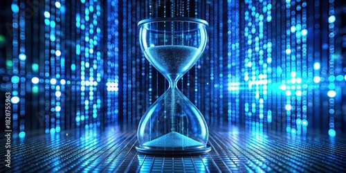 Futuristic hourglass with binary code sand flowing into a digital void