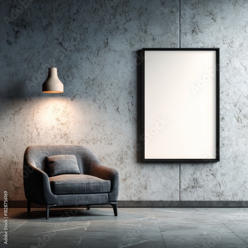 Contemporary room with chair and empty frame awaits art.