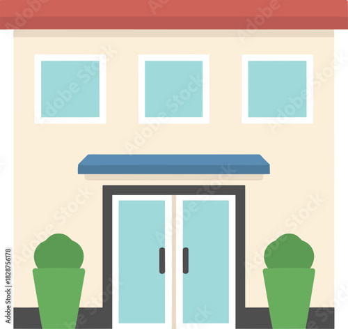 Flat Design Commercial Building Facade With Windows and Greenery Illustration