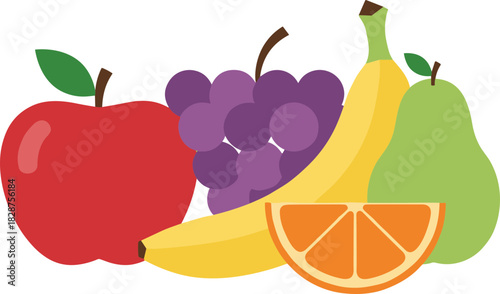 Flat Design Various Colorful Fruits Apple Banana Grape Pear Orange