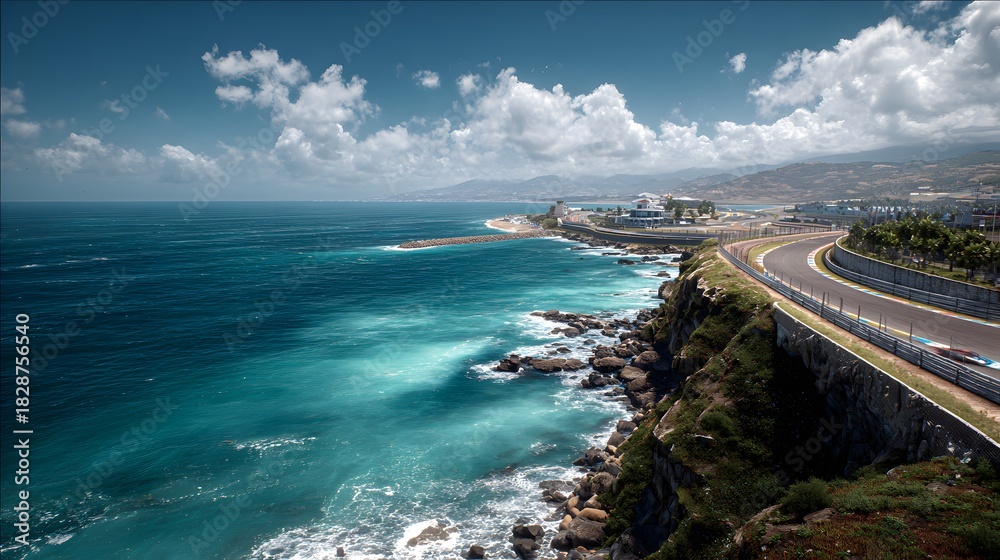 Fototapeta premium Winding coastal race track runs along stunning turquoise ocean under a clear blue sky.