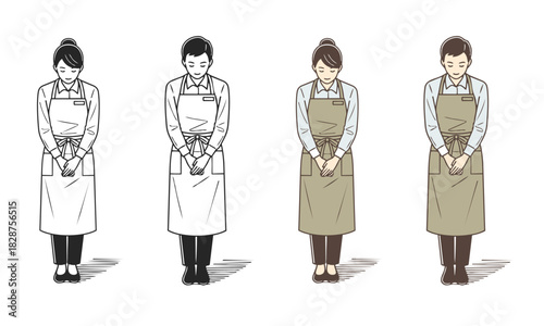 Illustration of a man and woman wearing aprons bowing
