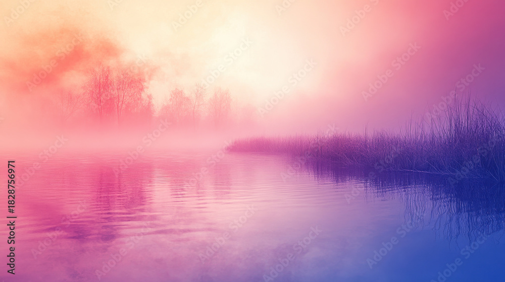 Fototapeta premium Serene Misty Lake at Dawn with Colorful Reflections and Trees