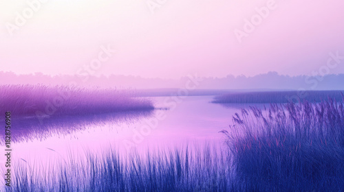 Serene Pastel Marsh Landscape at Dawn with Mist and Reflections