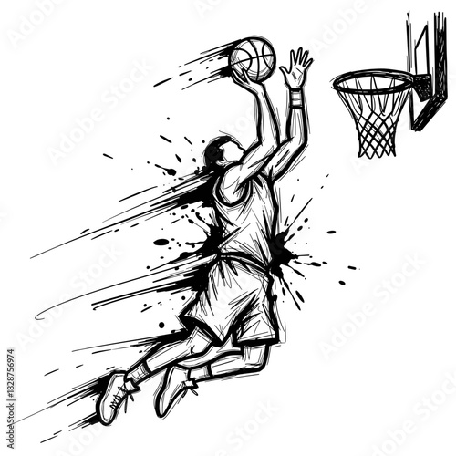 Basketball player jumping and shooting into the hoop in dynamic sketch  