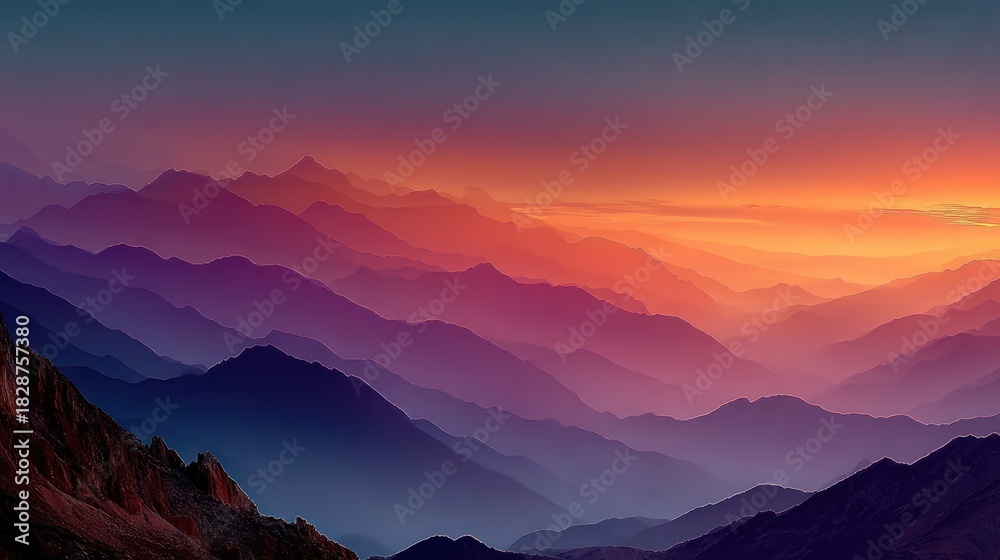 Fototapeta premium Majestic layered mountain range bathed in a vibrant sunset, creating a serene vista
