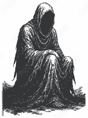 Dark silhouette illustration of a mysterious hooded figure